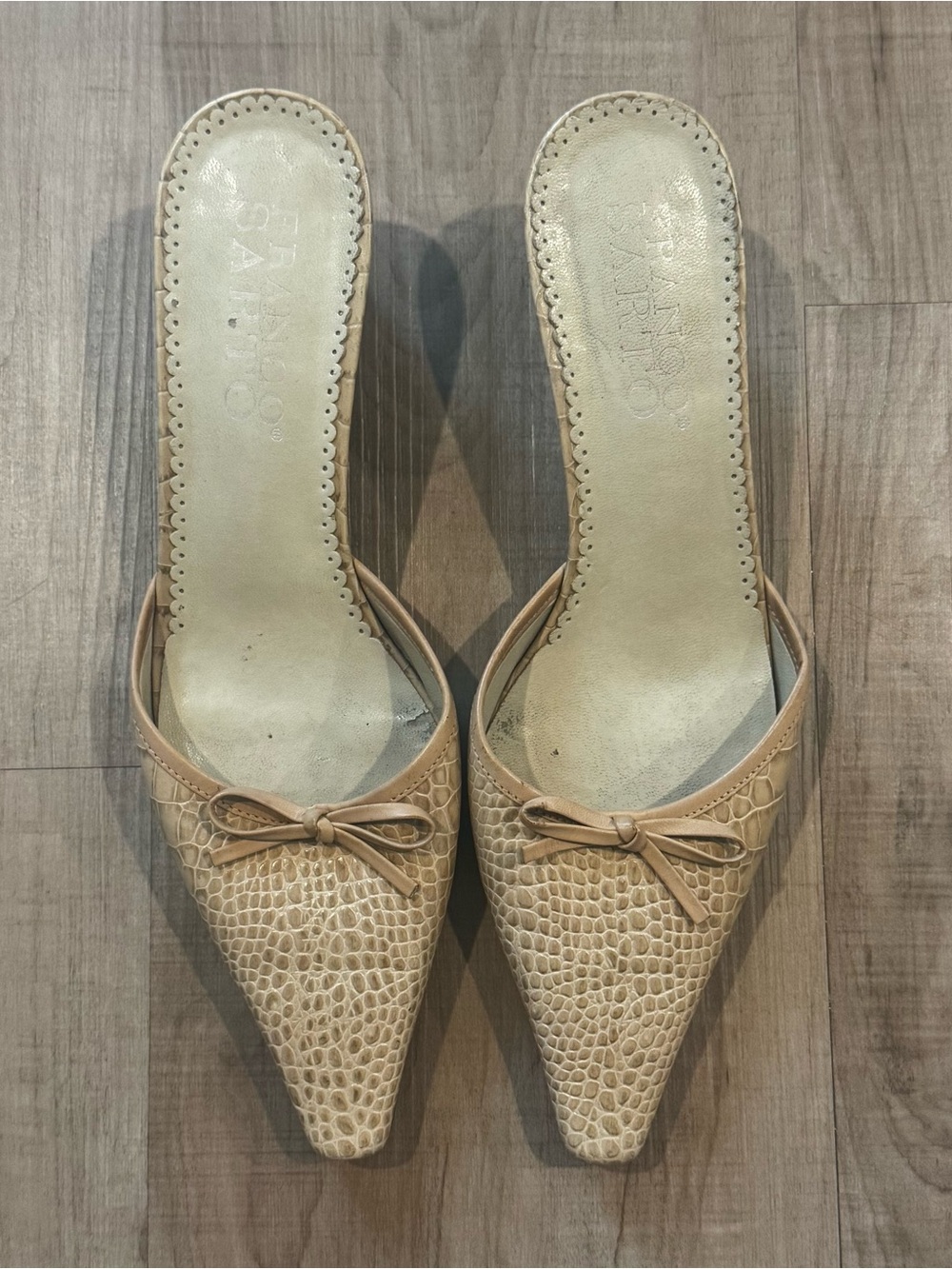 Franco Sarto Vintage Croc-Embossed Pointed-Toe Bow Kitten Heels in Tan